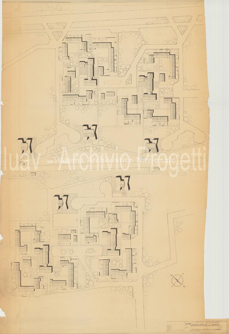  Sistemazione urbanistica generale del quartiere Ina-casa a San Giuliano, Mestre, con planimetria del terzo e quarto nucleo in scala 1:500, 1954 circa. 