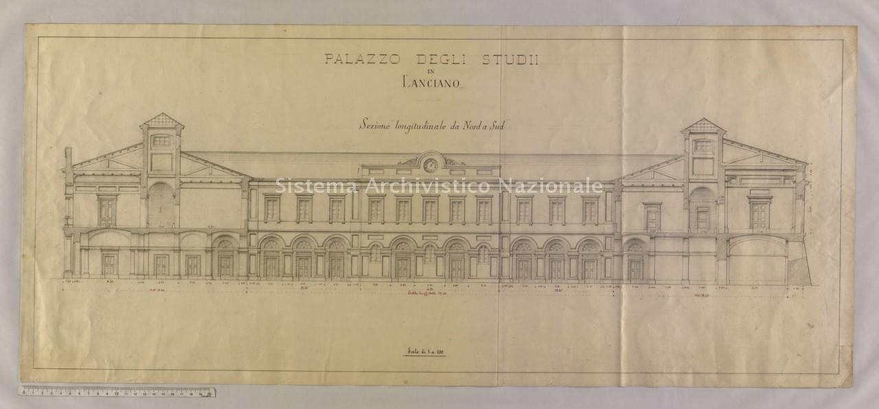  Palazzo degli Studi di Lanciano, sezione longitudinale da nord a sud progettata dall\'architetto ingegnere Filippo Sargiacomo, Lanciano 1910-1920 