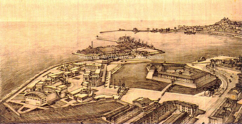  Vista dall\'alto del progetto di sistemazione urbanistica della zona a mare e dei rioni Archi e della Fiera di Ancona, 1935 ca. 