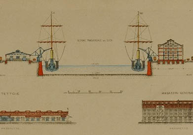 Roma, Canale navigabile da Roma a mare. Dettagli del porto, Paolo Orlando, 1896